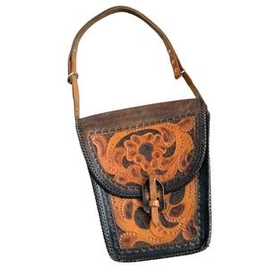Vintage 60s Clifton’s Hand Tooled Leather Brown Caramel Adjustable Shoulder Bag